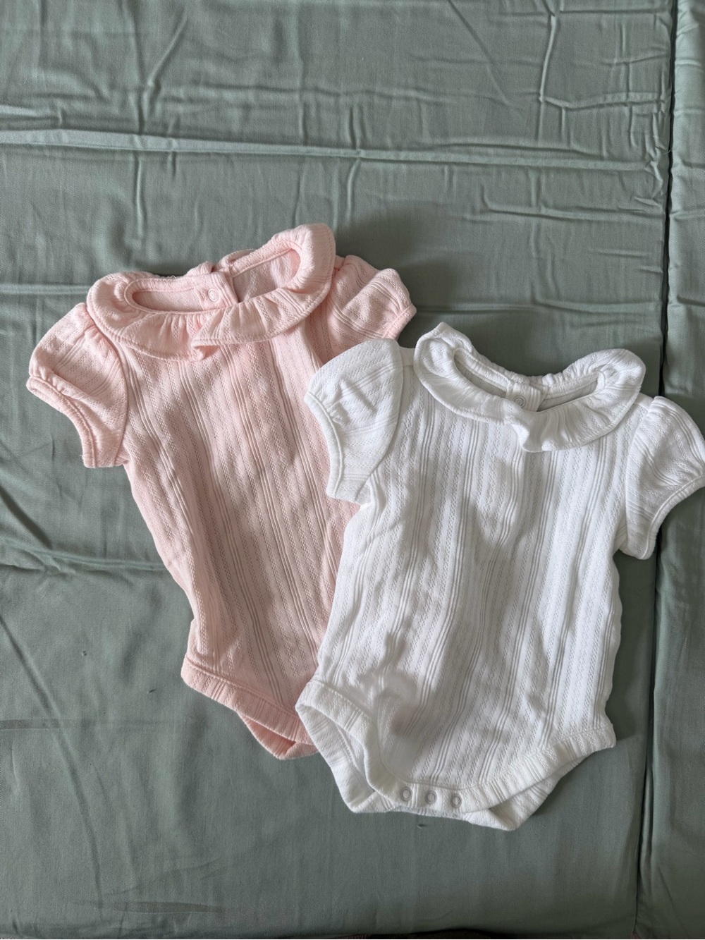 Janie and Jack Ribbed Ruffle Neck One-Piece Bodysuits in Pink and White